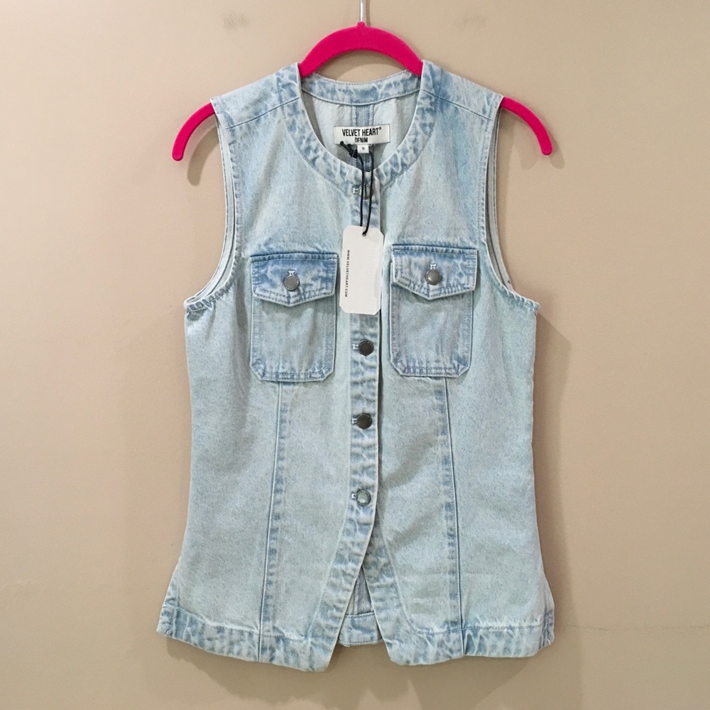 NWT Velvet Heart Denim Vest Collarless Light Wash Jean Top Jacket Vest Womens S